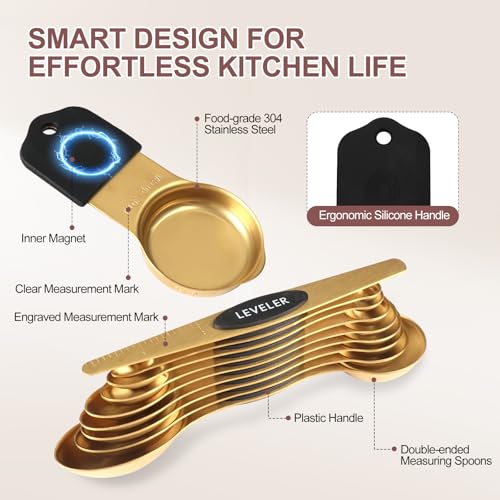 FONYA 16-Piece Magnetic Measuring Cups & Spoons Set - Gold, Stainless Steel