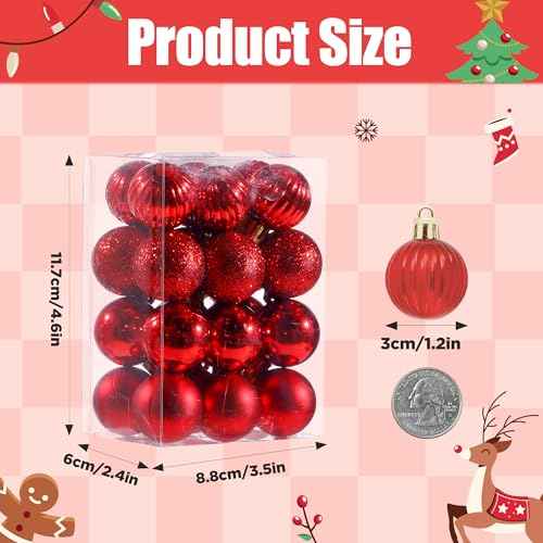 24PCS Mini Red Christmas Ornaments Balls, 1.2 Inch Small Shatterproof Red Christmas Ornaments Hanging Ball, 4 Style Plastic Tree Balls for Xmas Decor, Wedding, Birthday Party Favors