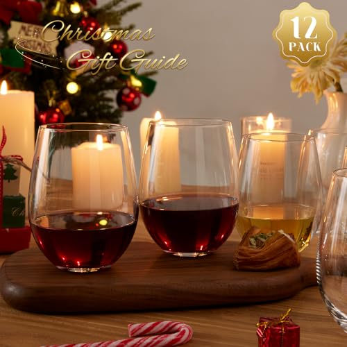 Set of 12 15oz Crystal Stemless Wine Glasses for Red & White Wine