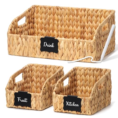 Natural Water Hyacinth Pantry Storage Baskets - 3 Pack with Handles & Chalkboard Labels