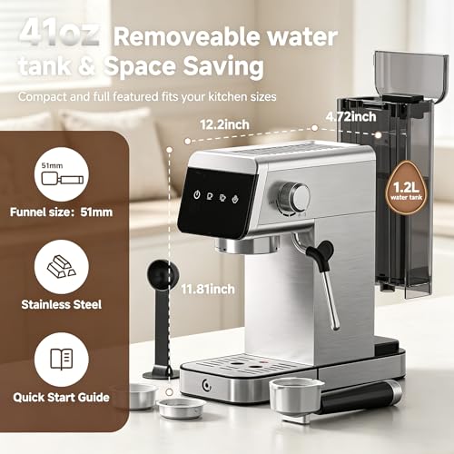 20 Bar Compact Espresso Coffee Machine with Milk Frother - Silver