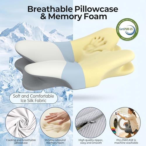 ROPÜ White & Blue Cervical Neck Pillow - Contour Memory Foam for Pain Relief & Support