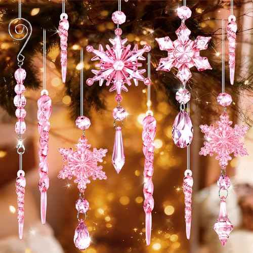 FEBSNOW Christmas Tree Ornaments, 16pcs Light Pink Acrylic Snowflake Ornaments Christmas Hanging Decorations Icicle Snowflake Pendants for Christmas Tree Frozen Themed Winter Wonderland Party Decor