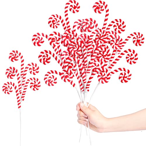 Sggvecsy 6Pcs Red Candy Cane Woolen Bell Christmas Tree Picks - 16in Lollipop Curly Ornament