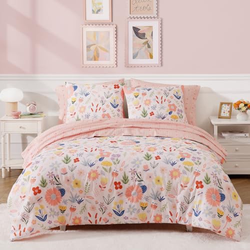 Full Size Pink Floral Comforter Set with Aster Flower Pattern - 7 Pieces, Girl's Bed in a Bag