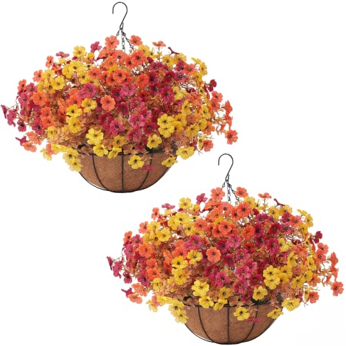 Fall 3-Mix Artificial Mum Flower Set with Hanging Baskets - Outdoor Autumn Decor (2 Pack)