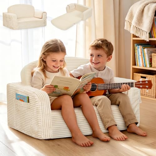 Lanabuna Cream Large 2-in-1 Kids Couch with Storage & Blanket - Toddler Sofa Chair