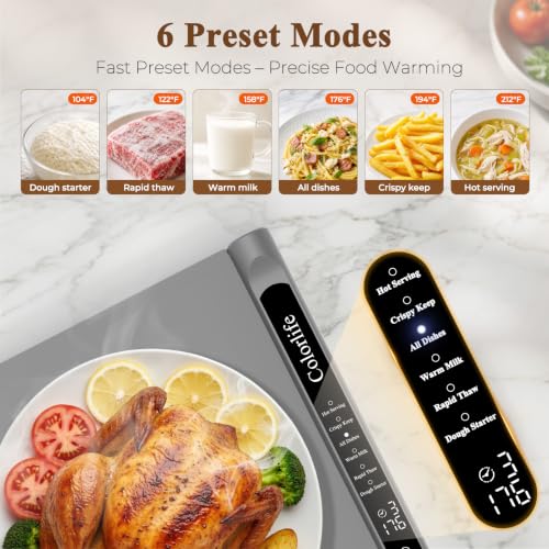 Electric Food Warming Mat with Heat-Resistant Pad - XL 15x35.5 Inches Gray - Preset & Adjustable Temperature