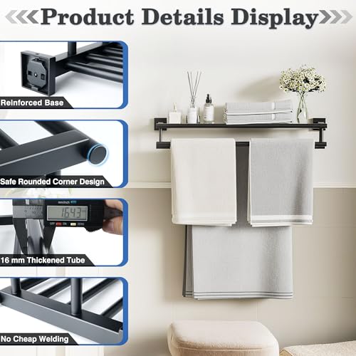 Double Towel Rack Wall Mount 24 Inch Matte Black Stainless Steel Bathroom Storage