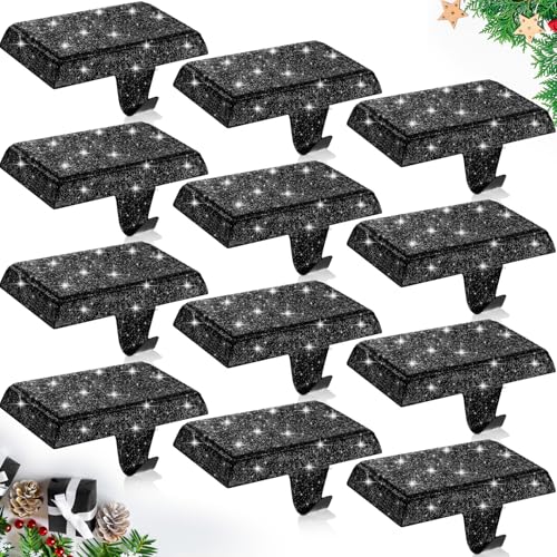 Huwena 6 Pcs Glittery Black Stocking Holders - Christmas Mantel Hooks