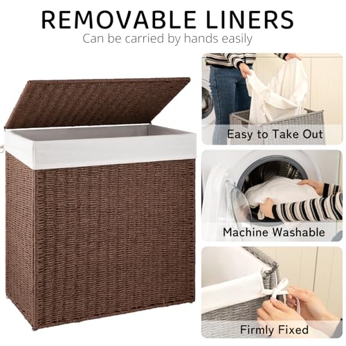OIAHOMY Brown 110L Wicker Laundry Hamper with Lid & Washable Liner