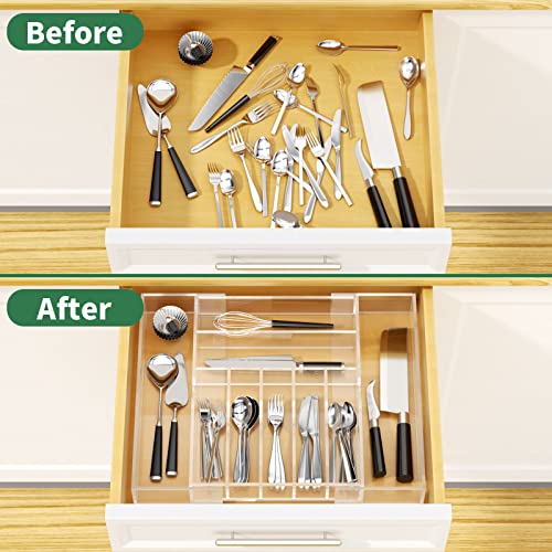 NIUBEE Acrylic Clear Utensil Silverware Tray for Drawer - Expandable & Adjustable
