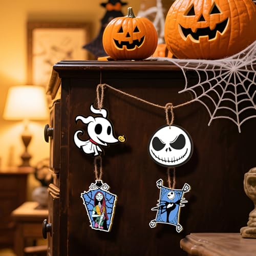 36 PCS Halloween Christmas Jack Sally Wooden Hanging Ornaments for Tree, Wood Nightmare Christmas Tree Decorations Before Spooky Decor Indoor Home Party Gifts