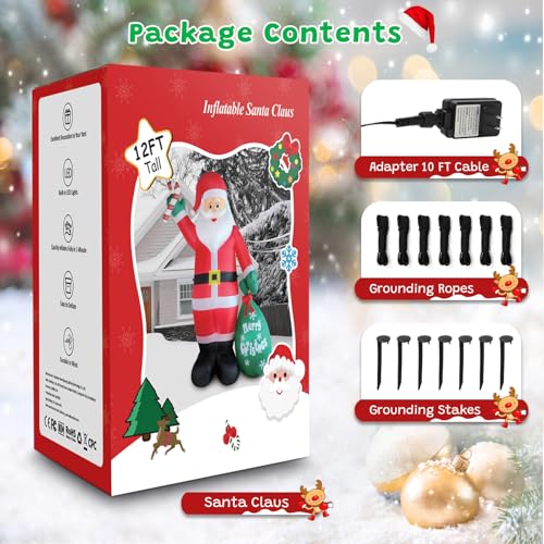 12FT Inflatable Santa Claus with LED Lights, Candy Cane & Gift Bag Yard Decor