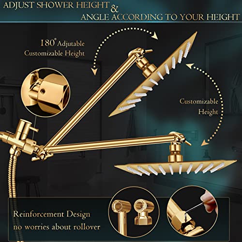 PinWin 12'' Rain Shower Head with 11'' Extension Arm - Brushed Gold
