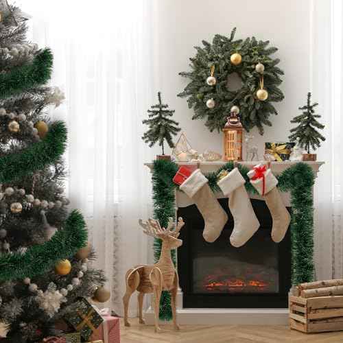 Sggvecsy 49.2Ft Christmas Dark Green Tinsel Garland Xmas Tree Decorations Christmas Metallic Twist Garland Ceiling Hanging Decorations for New Year Party Birthday Holiday Indoor Outdoor Supplies