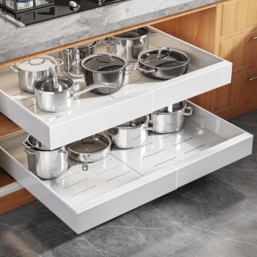 White 2 Pack Expandable Pull Out Cabinet Organizers for Wide Cabinets - 15.1 to 26.3 inch Width, 21 inch Depth, No Drill, Rolling Shelves