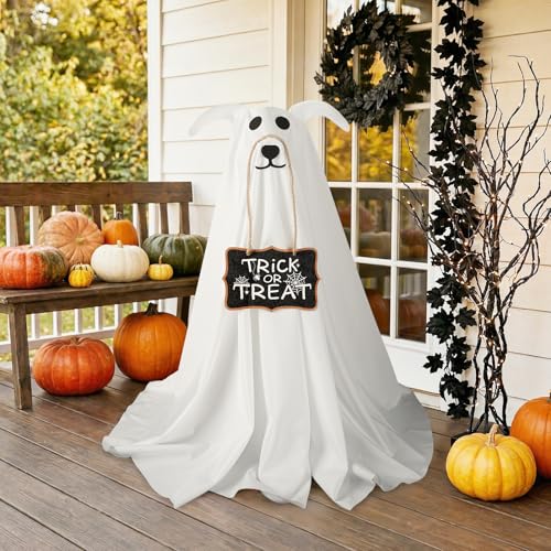 2 Pack Light-Up Ghost Dog Halloween Decorations - 2.3 FT Spooky & Cute Yard Decor with Signs