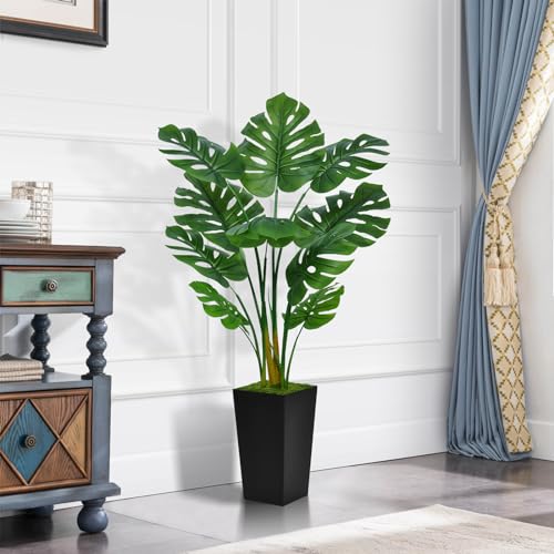 Artificial Monstera Deliciosa Plant 5FT - Faux Tropical Tree with Black Planter