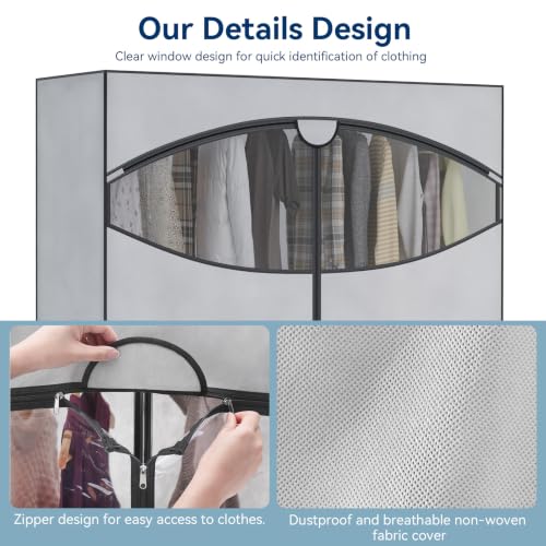 Light Grey 60-Inch Portable Clothes Closet with Cover & Metal Rack