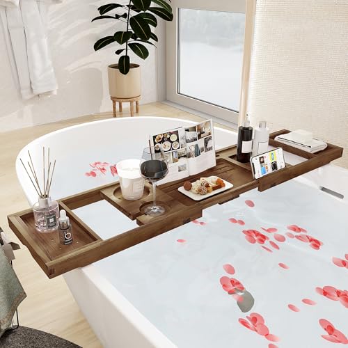 Dark Walnut Teak Bathtub Tray Expandable 28-40 Inch with Wine Glass & Phone Holders