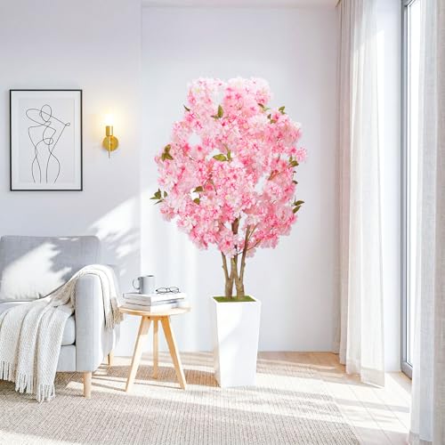 5FT Pink Artificial Cherry Blossom Tree with White Planter - Easy Setup Indoor Decor