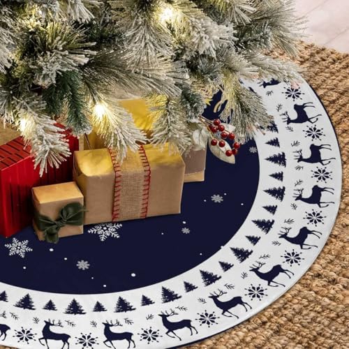 MEYAOHUIH 48in Christmas Tree Skirt Elk Snowflakes Navy Blue - Easy Tie Holiday Decor
