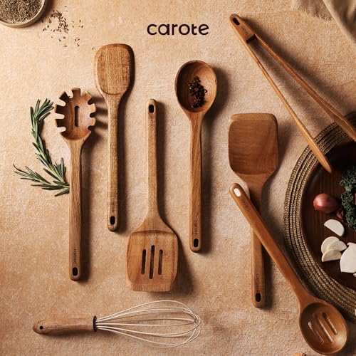 CAROTE Wooden Utensil Set - 8-Piece Acacia Kitchen Cooking Utensils, Natural