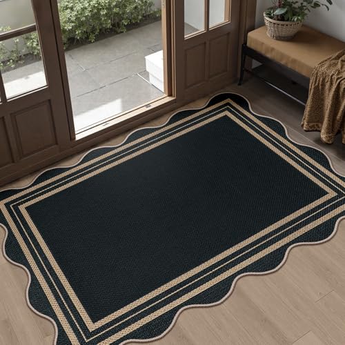 Black Geometric Front Door Mat 2.6x4 ft Washable Non Slip Farmhouse Rug