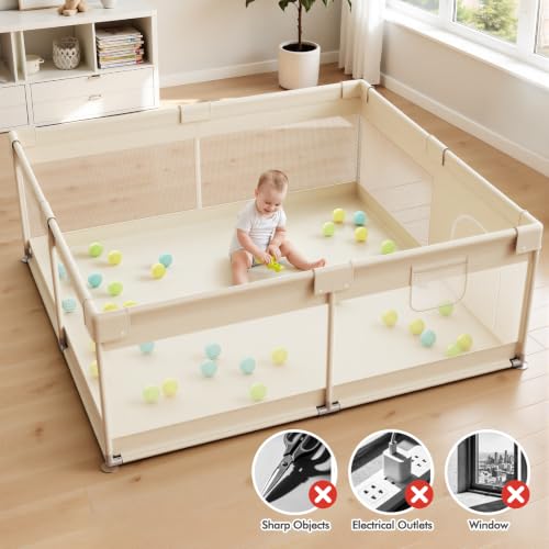 Baby Playpen 47x47 Inch with Mesh Sides, Safety Guard & Storage Pockets - Beige