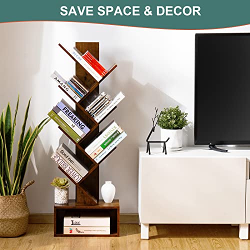 Yoobure Rustic Brown 6 Shelf Tree Bookshelf - Tall Wooden Book Storage Rack