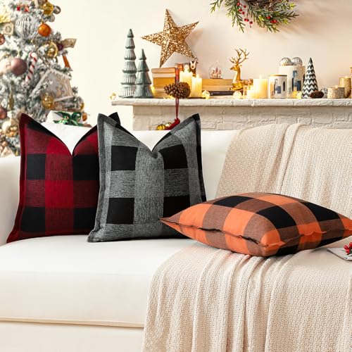 OTOSTAR Pack of 2 24x24 Inch Black and Red Gingham Buffalo Check Pillow Covers Linen Christmas Tartan Farmhouse Decor
