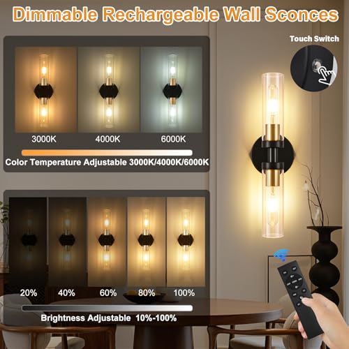 Black Gold Battery Operated Wall Sconce Set of 2 with 330° Rotation & Dimmable 3000K-6000K Bulbs Included