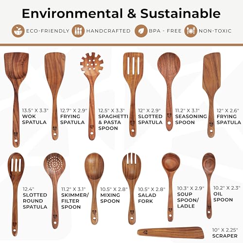 Woodenhouse 13-Piece Teak Wooden Kitchen Utensil Set for Nonstick Pans
