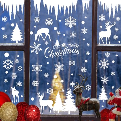 9 Sheet Christmas Window Clings, Xmas Double-Sided Snowy Winter Window Stickers, Holiday Snowflake Forest Decals for Party Home Window Decorations