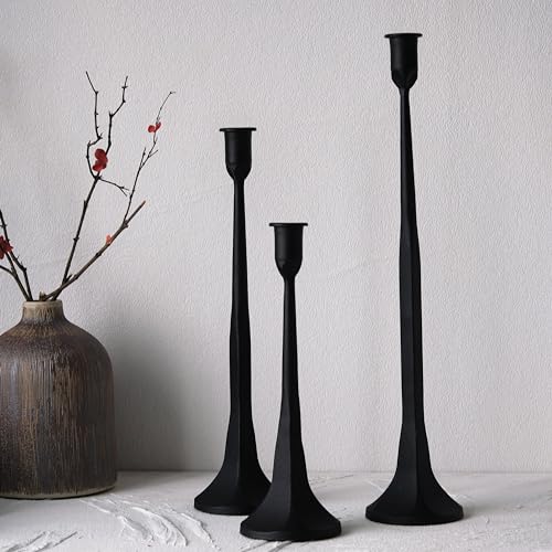 Black Cast Iron Taper Candle Holder Set of 3, Tall Rustic Candle Stands for Wedding & Home Decor – 12”, 14”, 15.5” Variations