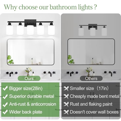 Matte Black 5-Light Bathroom Vanity Light Fixture with Milky White Shades — Over Mirror, Modern Wall Lamp