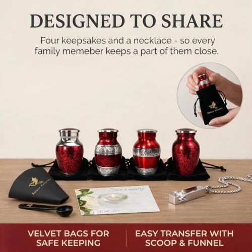 Solace Forever Red Cremation Urn Set of 6 for Adults - Includes Large & Keepsake Urns + Necklace