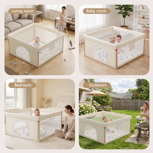 Beige Foldable Baby Playpen 50x50 Inches with Mesh Sides & Balls