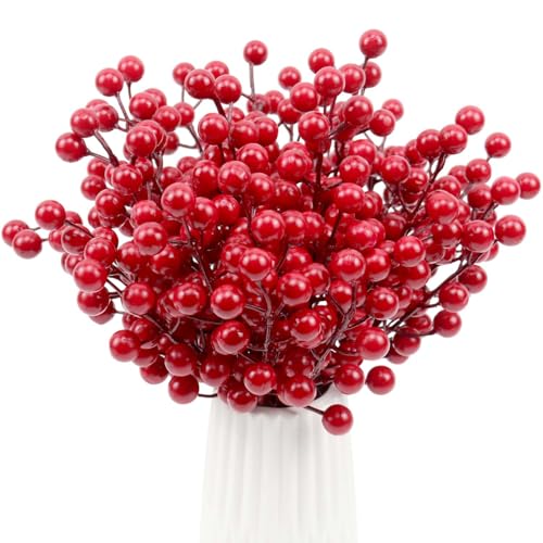 20 Pcs Red Berry Stems, 8.3" Holly Christmas Berries Stems for Christmas Tree Picks Decorations Crafts Holiday and Home Decor
