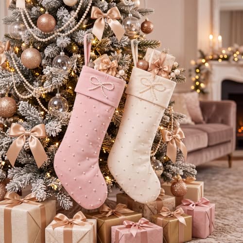 2 Pack 23 Inch Christmas Stockings with Hand-sewn Pearls, Elegant Bow