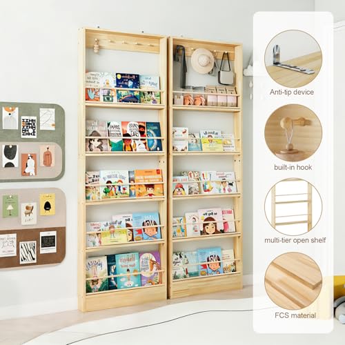 Wall Mounted Bookshelf with Hooks - 5 Tier Floating Wooden Storage for Nursery & Home
