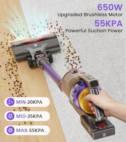 NADALY Black Cordless Vacuum Cleaner 650W 55KPa, Lightweight Stick Pet Hair Floor Cleaner