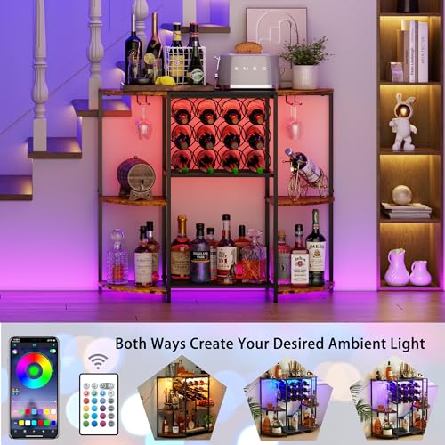JKsmart Rustic Brown Wine Bar Cart with LED Lights, 3-Tier Storage and Glass Holder