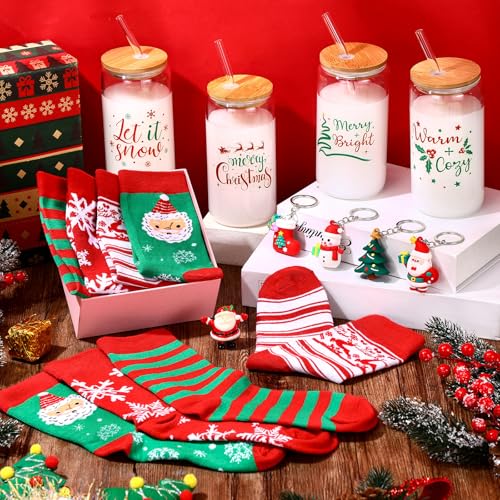 Tioncy Classic Christmas Glasses Set 16oz with Keychains & Socks - Holiday Favors