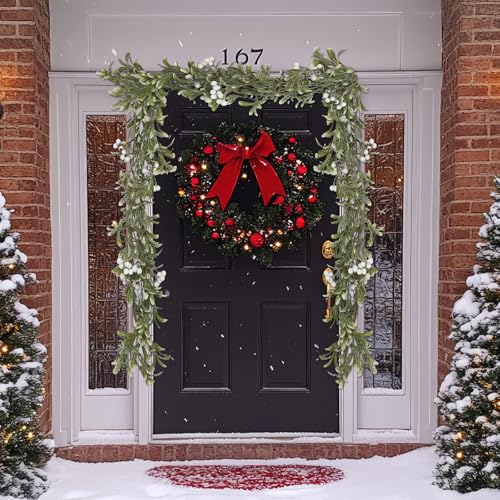 Janinka 4-Pack 24ft LED Christmas Mistletoe Garland with White Berries