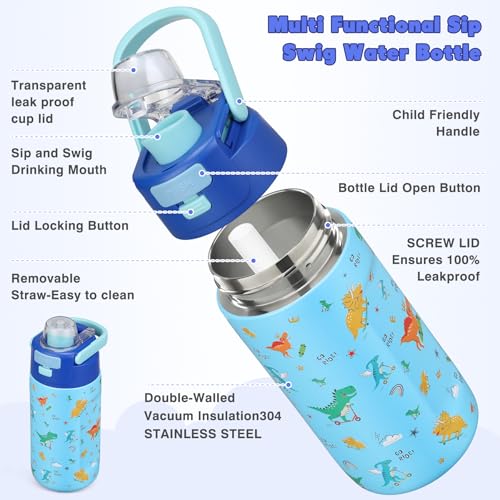 Zeekala Kids Bento Lunch Box Set with Insulated Soup Thermo & Water Bottle - Blue Dinosaur