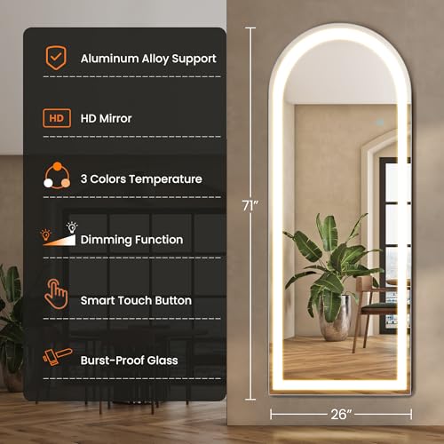 Arched LED Full Length Mirror - 71 x 26 Inches, White Stand, Dimmable Lighting