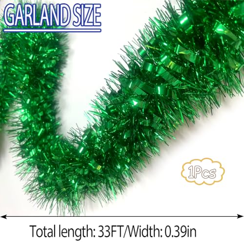 Wuhetyo Green 33Ft Christmas Tinsel Garland Shiny Metallic Xmas Decor