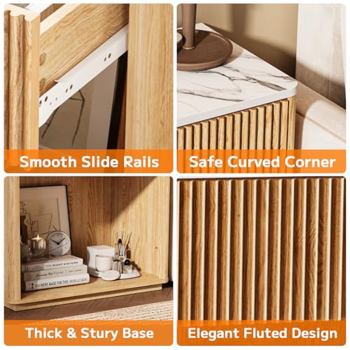 Oak Fluted Nightstand Set of 2 with Marble Top & Drawer - Modern Bedside Tables